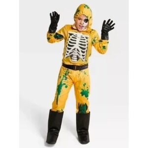 Kids Sz Small 4-7 Glow In The Dark Biohazard Skeleton Jumpsuit Halloween Costume